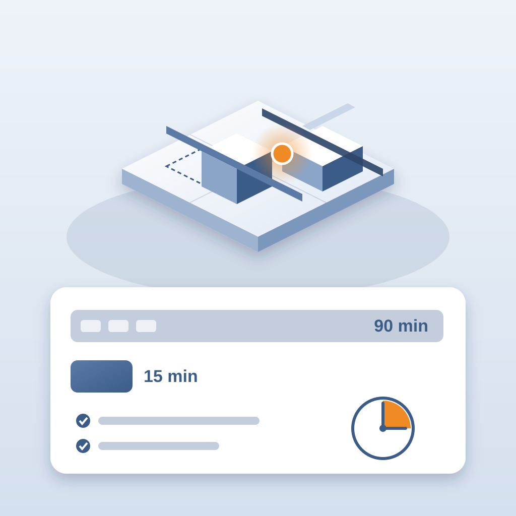 Isometric building model with a duct clashing against a beam, above a card comparing a long 90-minute meeting bar with a short 15-minute bar and a quarter-hour 