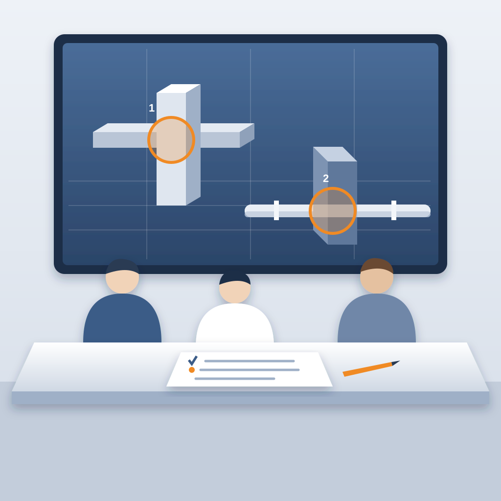 Coordination meeting where people at a table read a clash list while a wall screen shows a 3D model with beam-versus-duct and sprinkler-main-versus-cable-tray c