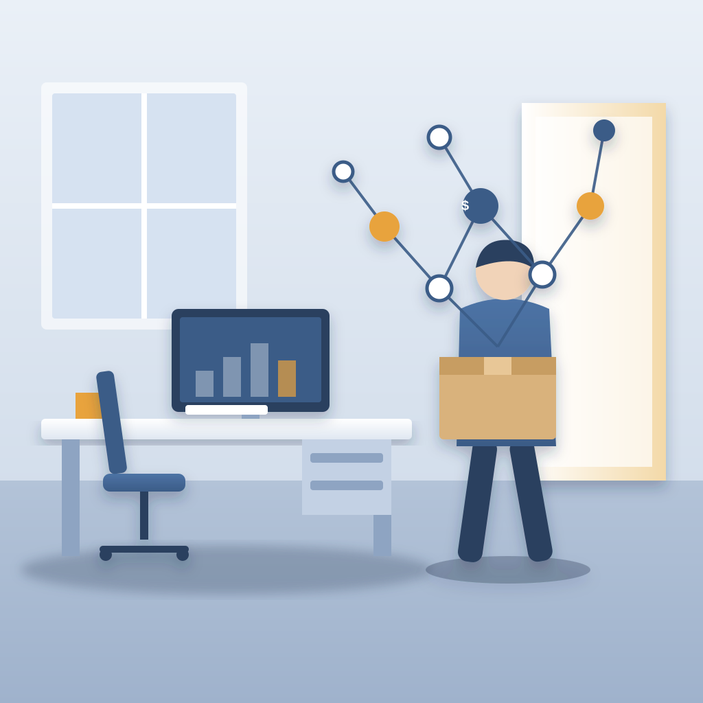 An empty office desk with a dark monitor and pushed-back chair, while a person carries a box out the door and a floating network map of pricing nodes rises from