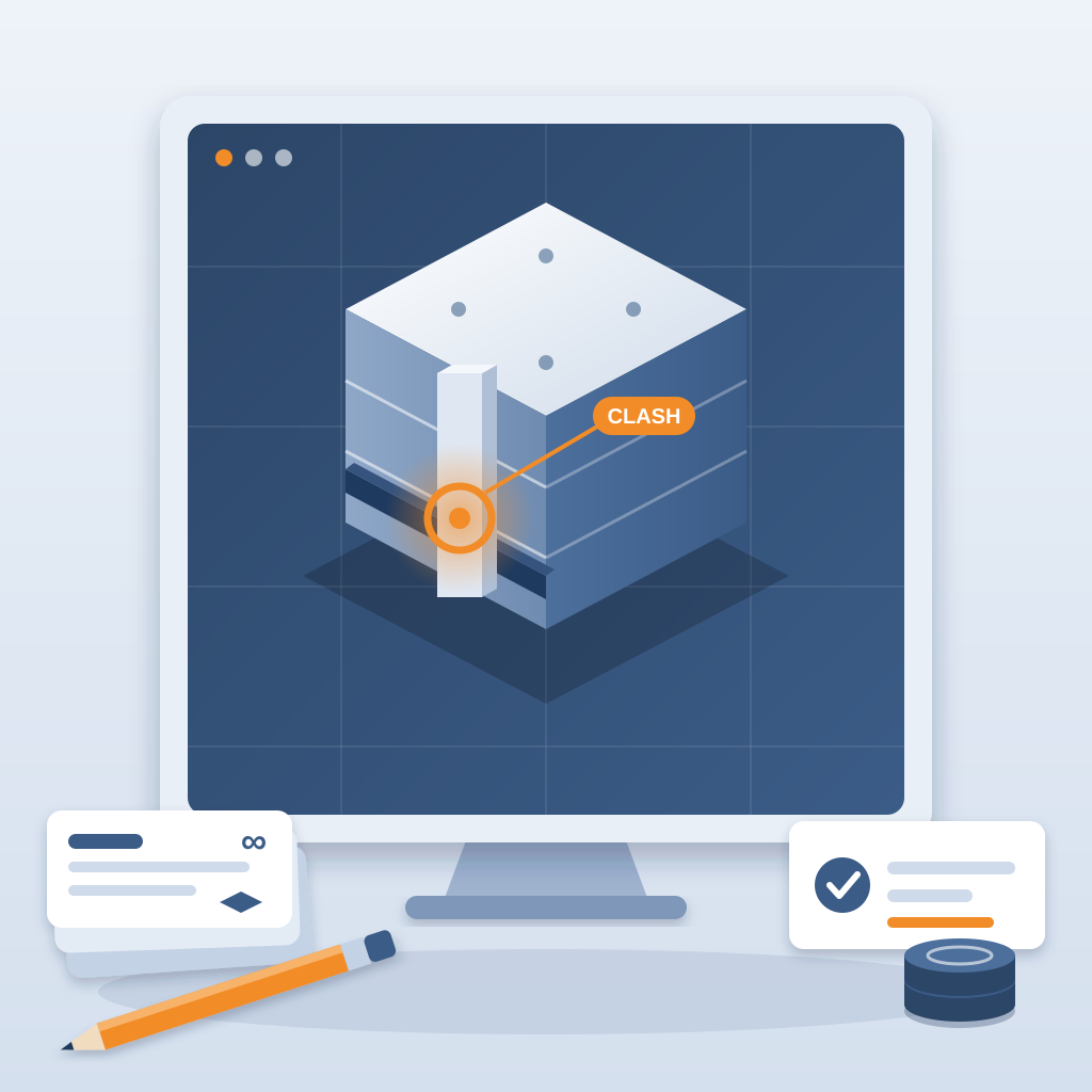 A monitor shows an isometric building model with an orange clash marker where a duct crosses a structural beam, flanked by a stack of project cards, a licence c