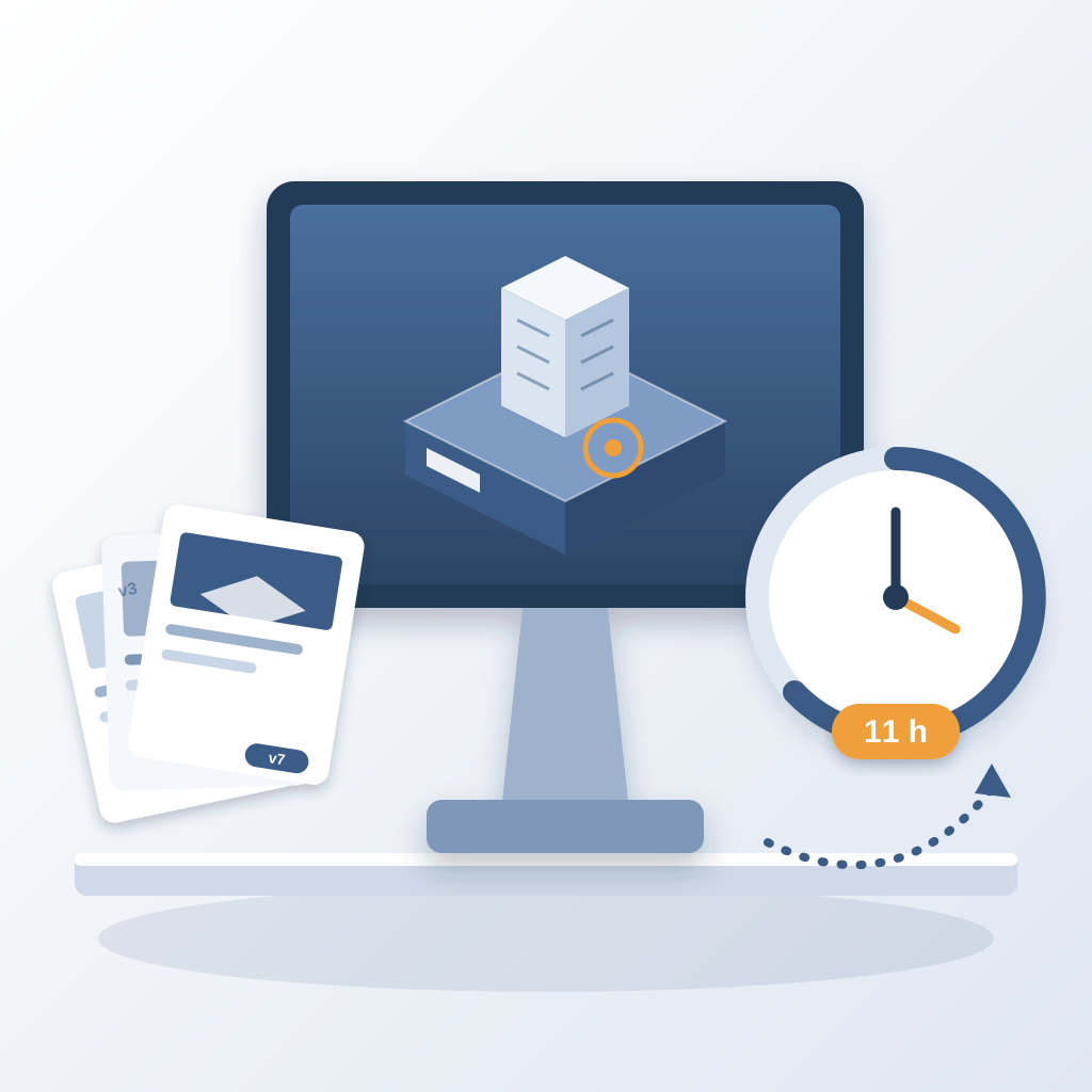 A monitor showing an isometric building model with one flagged clash, flanked by a fanned stack of mismatched version files and a clock marked 11 h.