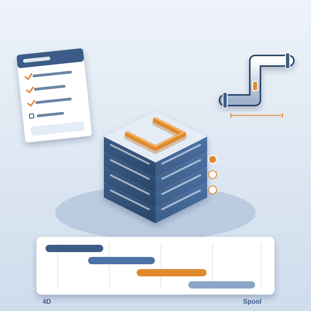 Isometric four-storey building model with an orange duct run on top, beside an execution-plan checklist, a fabricated pipe spool and a 4D schedule bar chart.