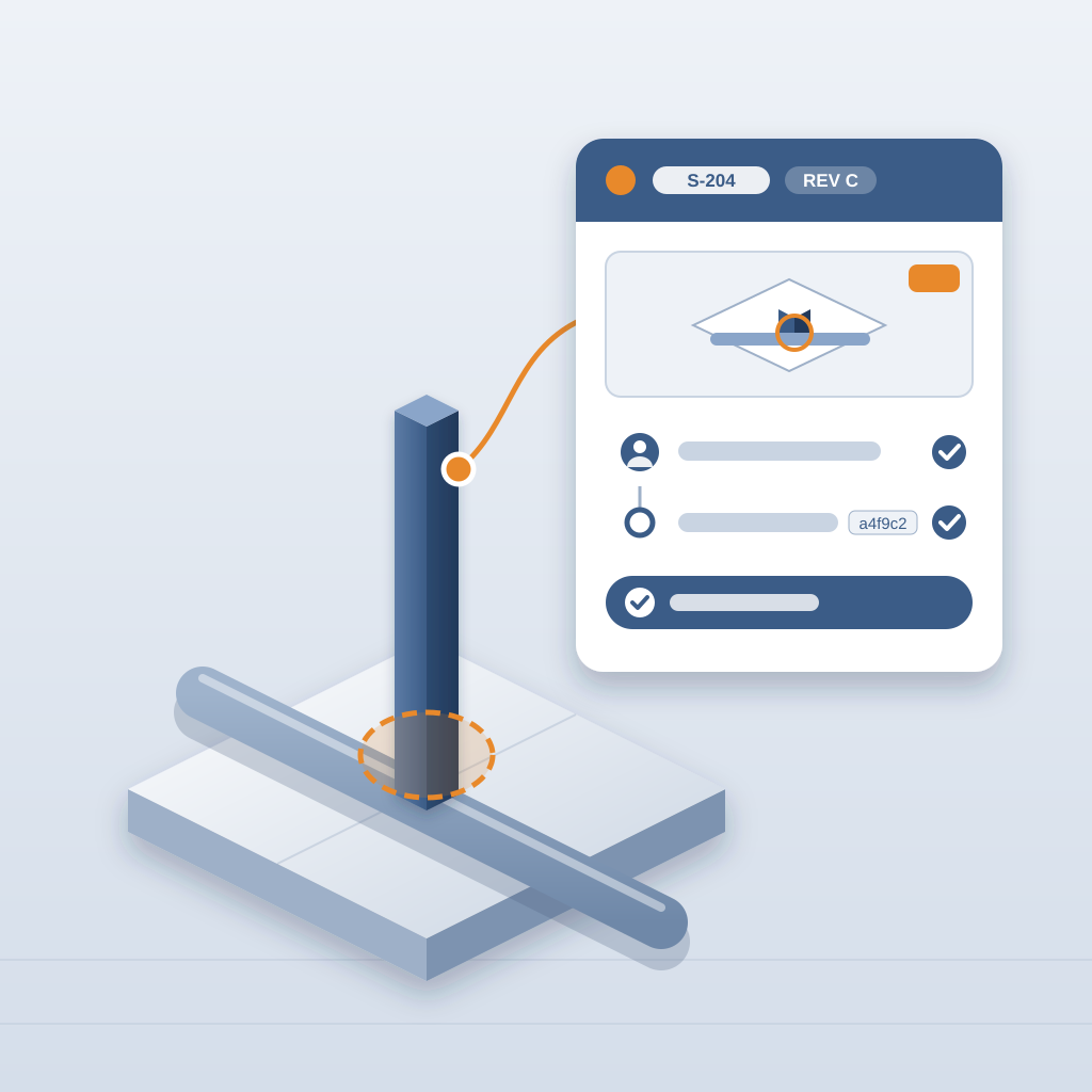 A column and a duct run clashing on a floor slab, with an orange pin leading to an issue card showing sheet and revision, a screenshot, a tagged user and a mode