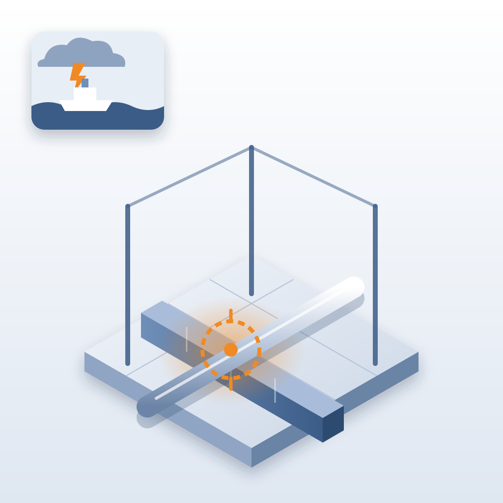 Isometric building model where a blue ventilation duct and a pipe cross at the same height, with an orange dashed marker on the clash, beside a small card of a