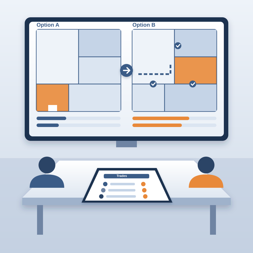 A coordination meeting where two floor plans, with the lobby in its original and moved position, are compared on a wall screen while a tablet on the table lists