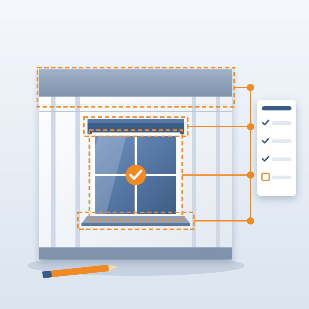 Cutaway wall section with a newly revised window, with dashed orange outlines on the opening, header, flashing and ceiling above, plus a checklist card with one
