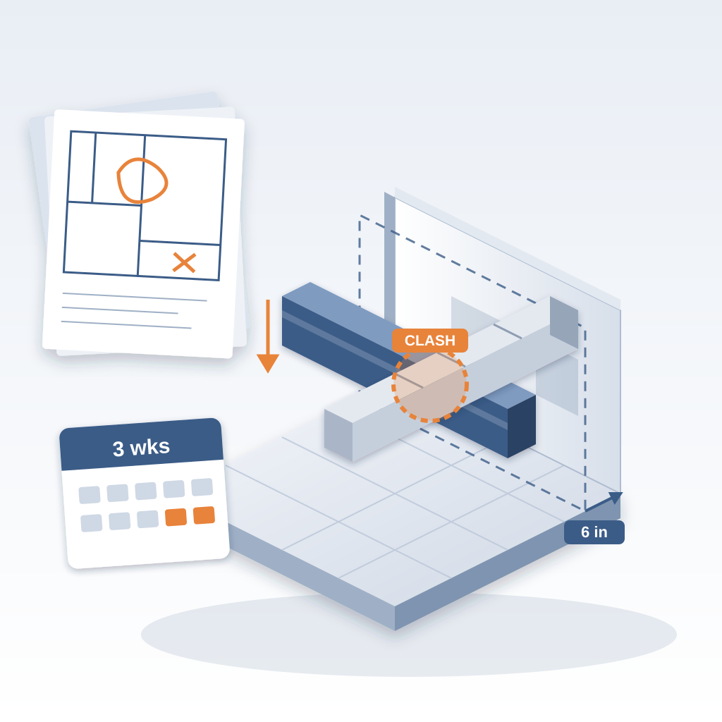 Isometric building model where a shifted wall, a deeper beam and a rerouted duct collide at a highlighted clash, beside marked-up paper drawings and a three-wee