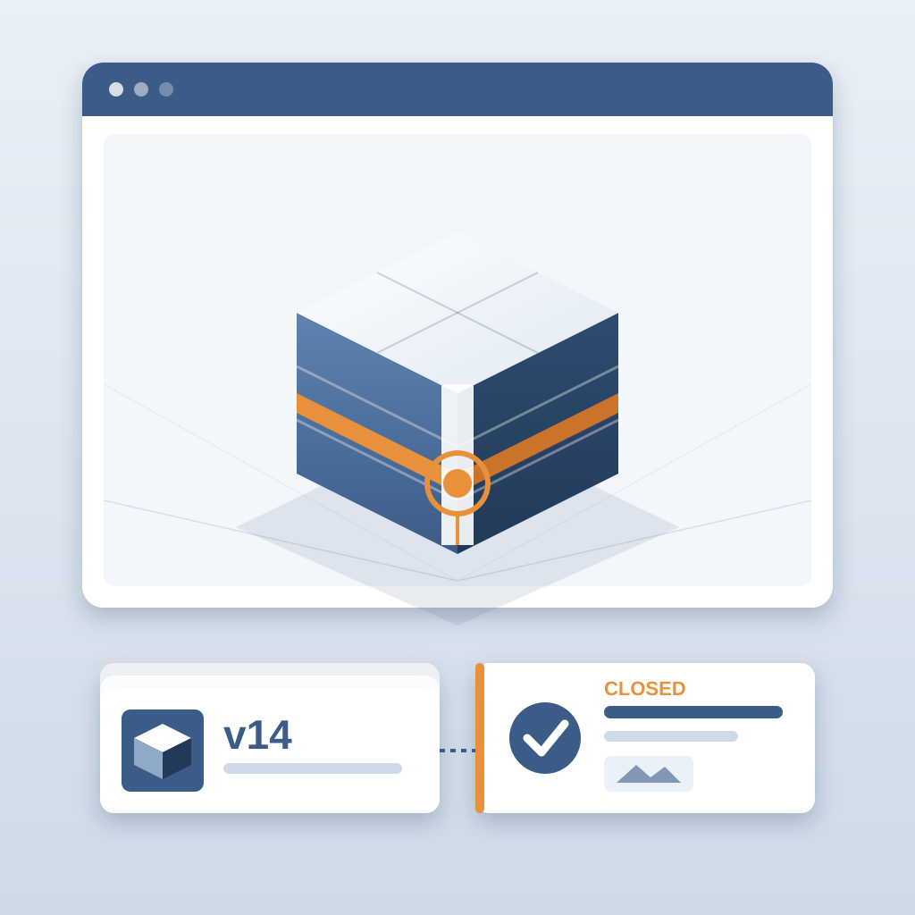Isometric building model with a duct clashing against a beam, beside a versioned model card and a closed issue card with a checkmark.