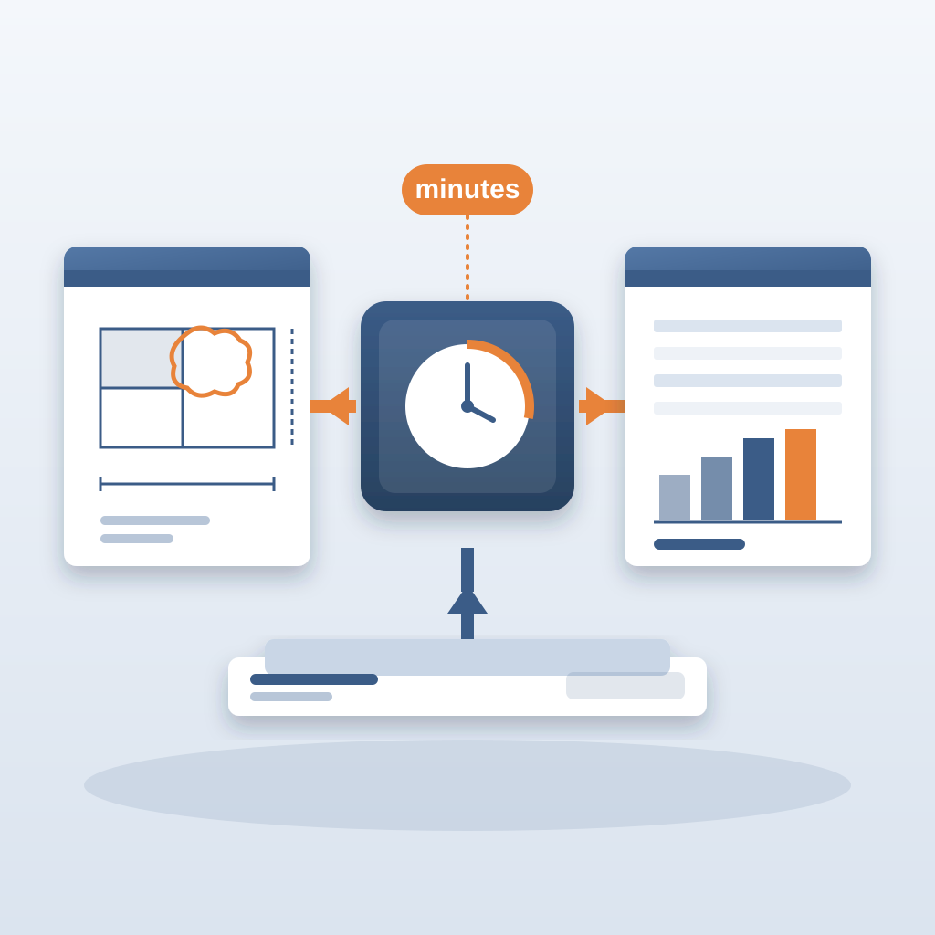 A design drawing with a revision mark flows through a clock-faced process machine into an updated cost sheet with a bar chart, fed by a stored record archive be