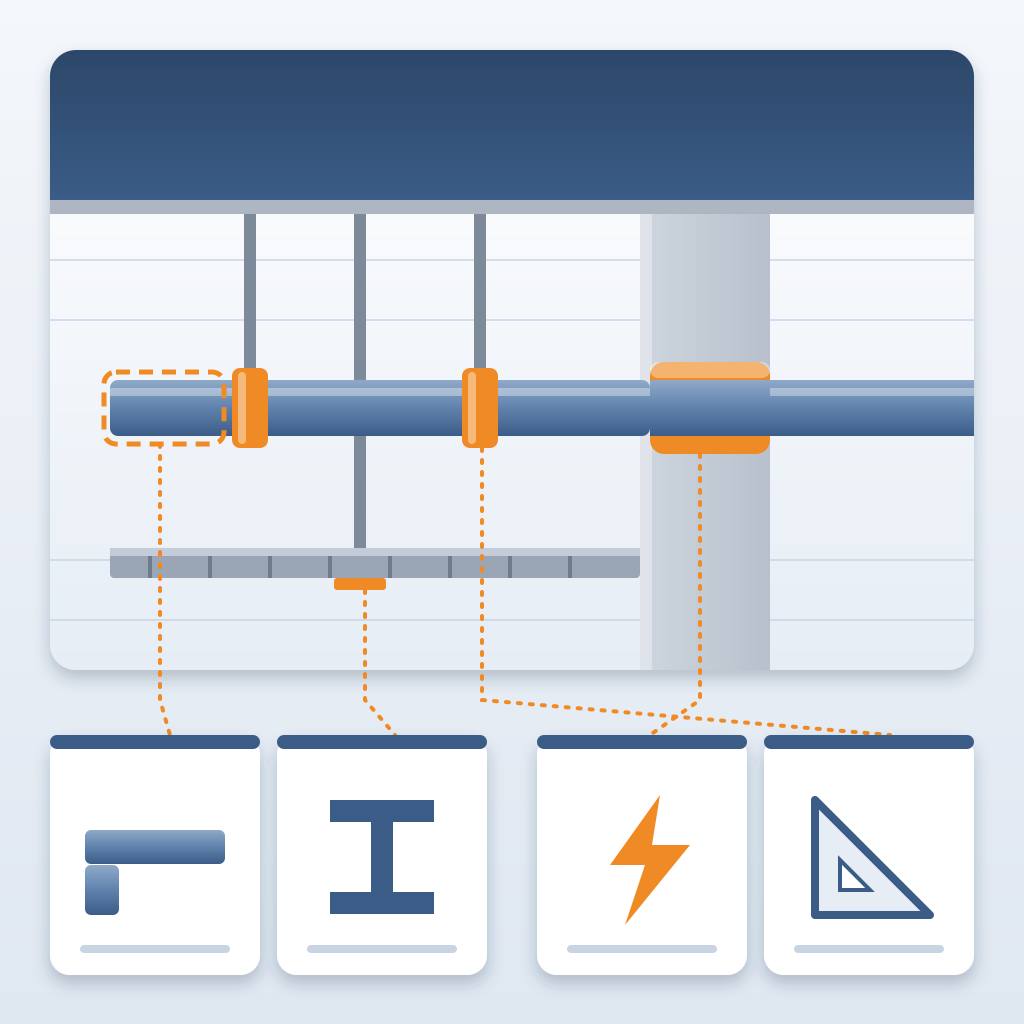A ceiling model view with a highlighted pipe, two hangers, a wall sleeve and a cable tray bracket linked to four owner cards for plumbing, structure, electrical