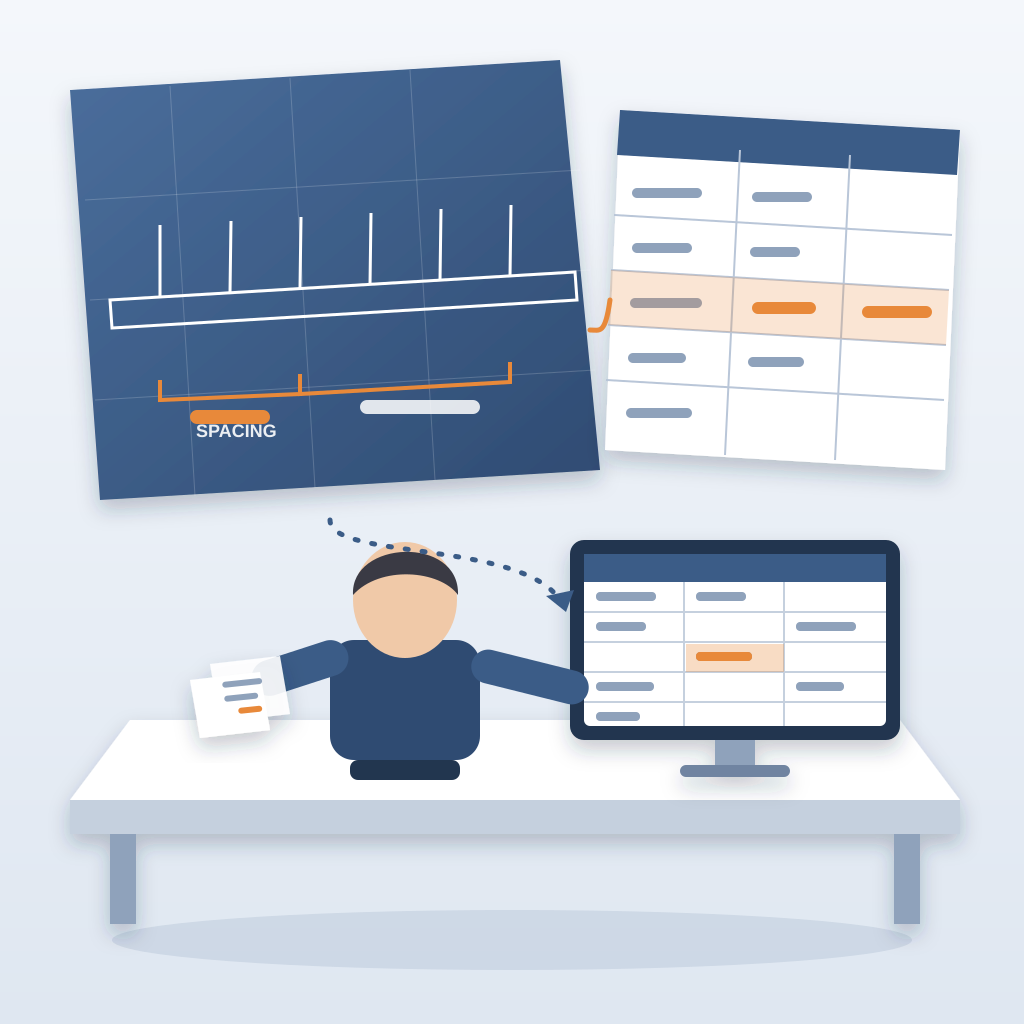 An estimator at a desk copies figures from a blueprint with a hanger-spacing mismatch highlighted in orange into a spreadsheet on a monitor.