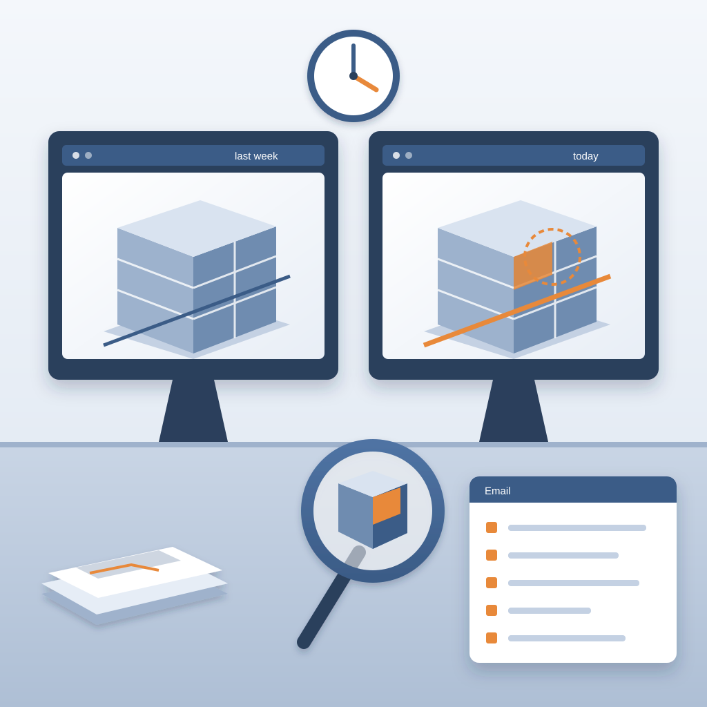 Two monitors show last week's and today's building models side by side with the changed duct highlighted in orange, while a magnifier, a stack of printouts, an