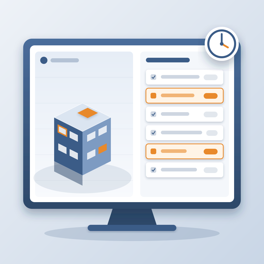 A monitor shows an isometric building model beside a change list, with a few changed elements and list rows highlighted in orange, and a clock showing minutes.