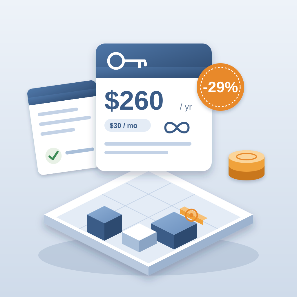 A white license pricing card showing $260 a year and $30 a month with a -29% discount badge, beside a verified record document, a stack of coins and an isometri
