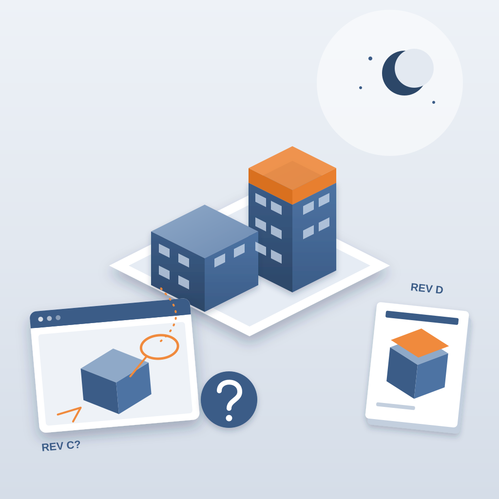 An isometric building model with a new orange top floor added overnight, beside a revision sheet and an outdated screenshot card with misplaced hand markups and