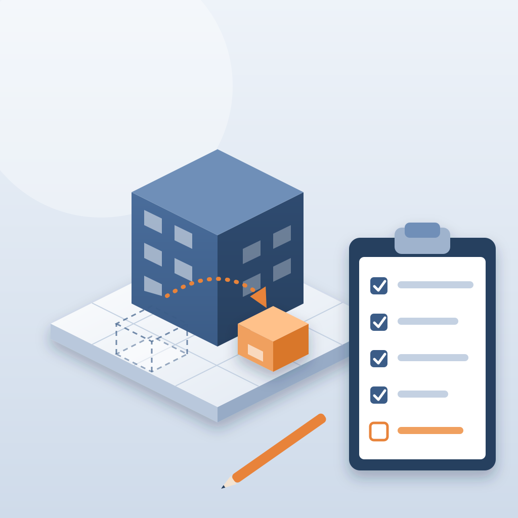 Isometric building model with its lobby block lifted from a dashed old position to a new one, beside a clipboard checklist with ticked items.
