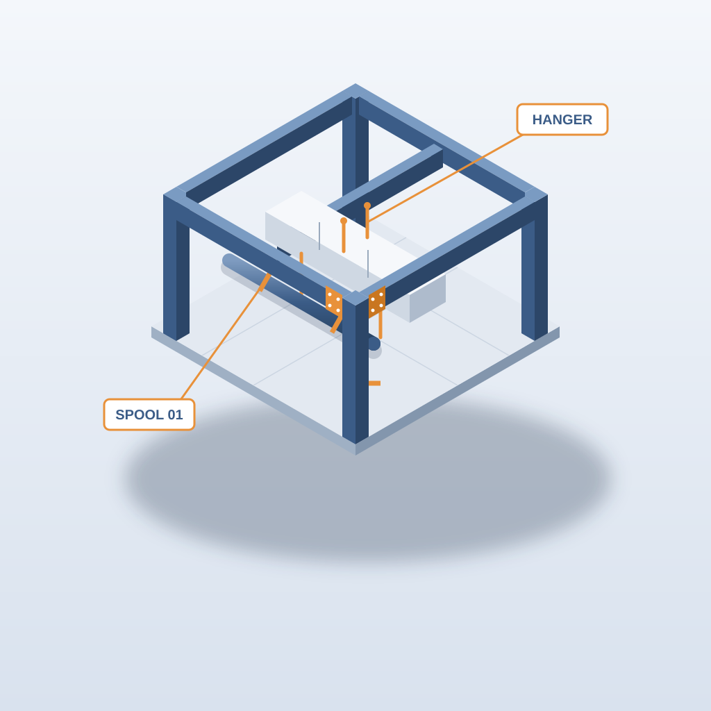 Isometric model of a steel frame with bolted connection plates, a hung duct run and a flanged pipe spool with hangers.