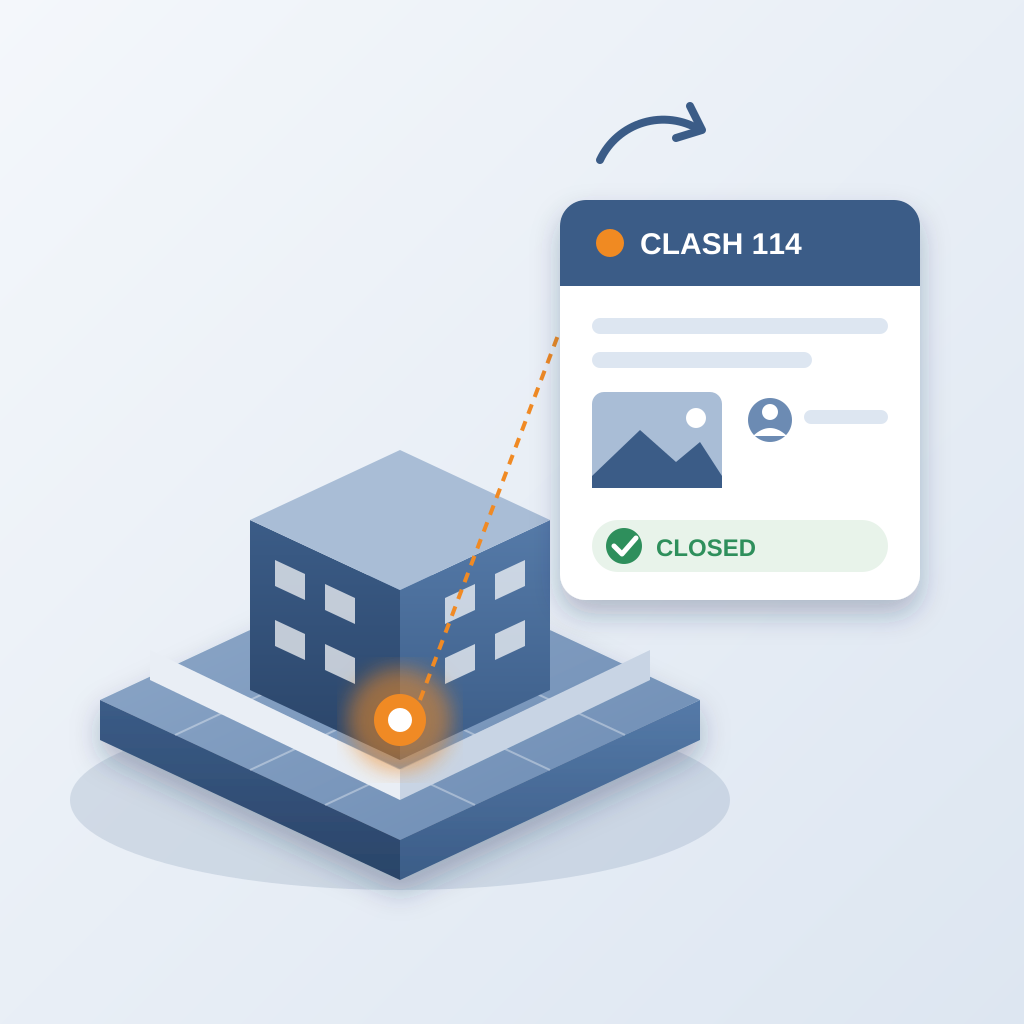 Isometric building model with a glowing orange clash point where a duct bank crosses, linked by a dashed line to an issue card marked clash 114 with a photo, as