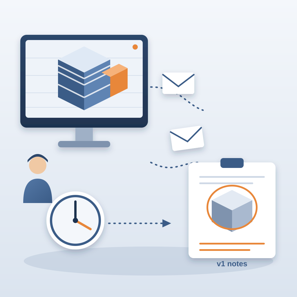 An architect's monitor shows a newer building model with an added orange wing, while envelopes and a clock lead to a clipboard of marked-up notes on an older, s