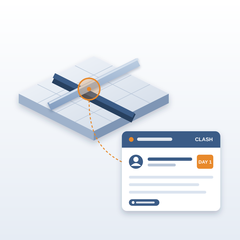 Isometric model view of a duct crossing a structural beam with a highlighted clash, linked to a change record card showing an owner and a "Day 1" tag.