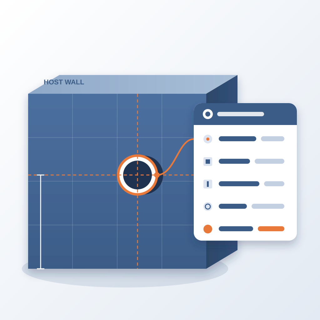 A wall model with a highlighted round sleeve, dimension lines marking its position, linked to a data card listing its coordinates, host wall, elevation, size an