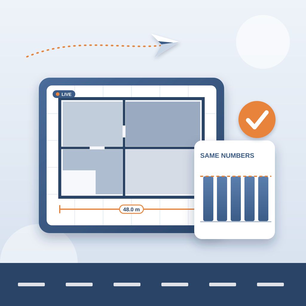 A tablet showing a live floor-plan takeoff with a measured dimension line, beside a chart of equal-height bars and an orange check badge, with a plane landing a