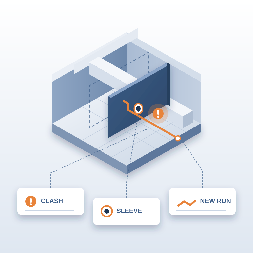 Isometric building model with a dashed old wall position and a moved wall, showing a duct clash marker, a pipe sleeve opening and a new orange electrical run, w