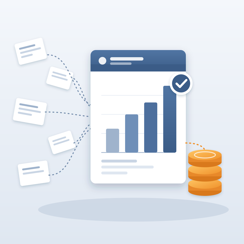 A clean estimate sheet with a rising bar chart and check mark, fed by scattered note cards on the left and paired with a stack of gold coins on the right.