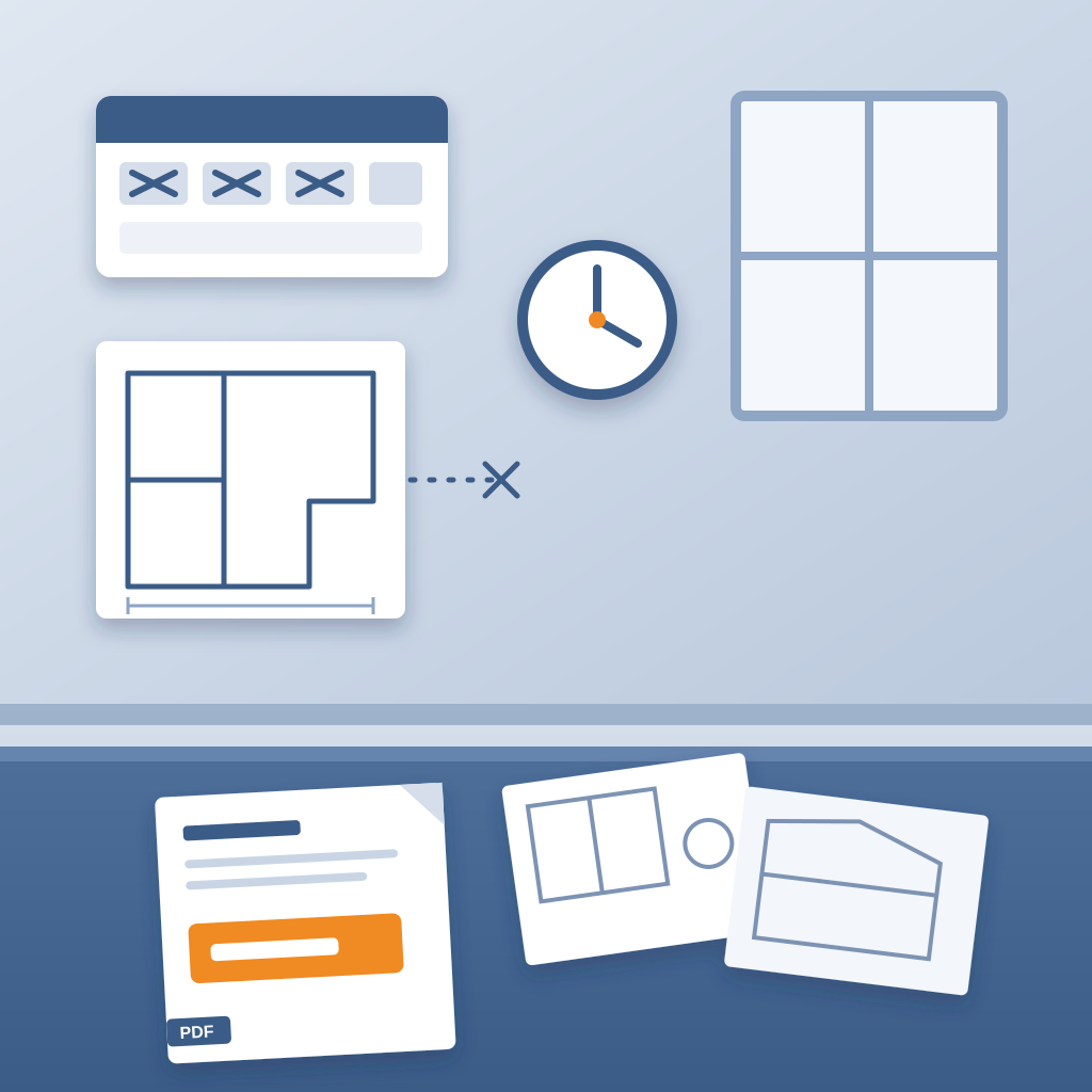 A PDF page with an orange number block lands on a desk beside two rival firms' sketches, while a crossed-off three-day calendar, a clock and a faded floor plan 