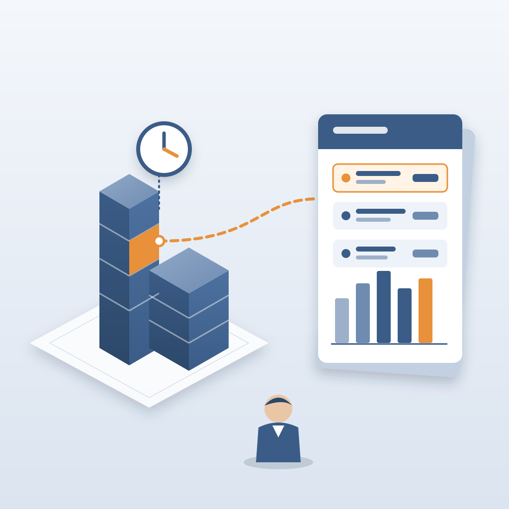 Isometric building model with a highlighted element and timestamp clock, linked by a dashed path to a ledger sheet of records and a bar chart, with a person in 