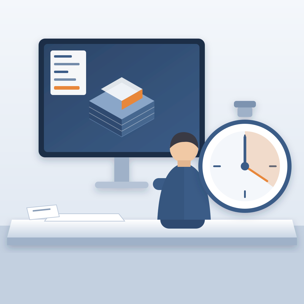 A junior estimator at a desk prices a 3D building model on a monitor beside an embedded cost record, while a large stopwatch times the task.