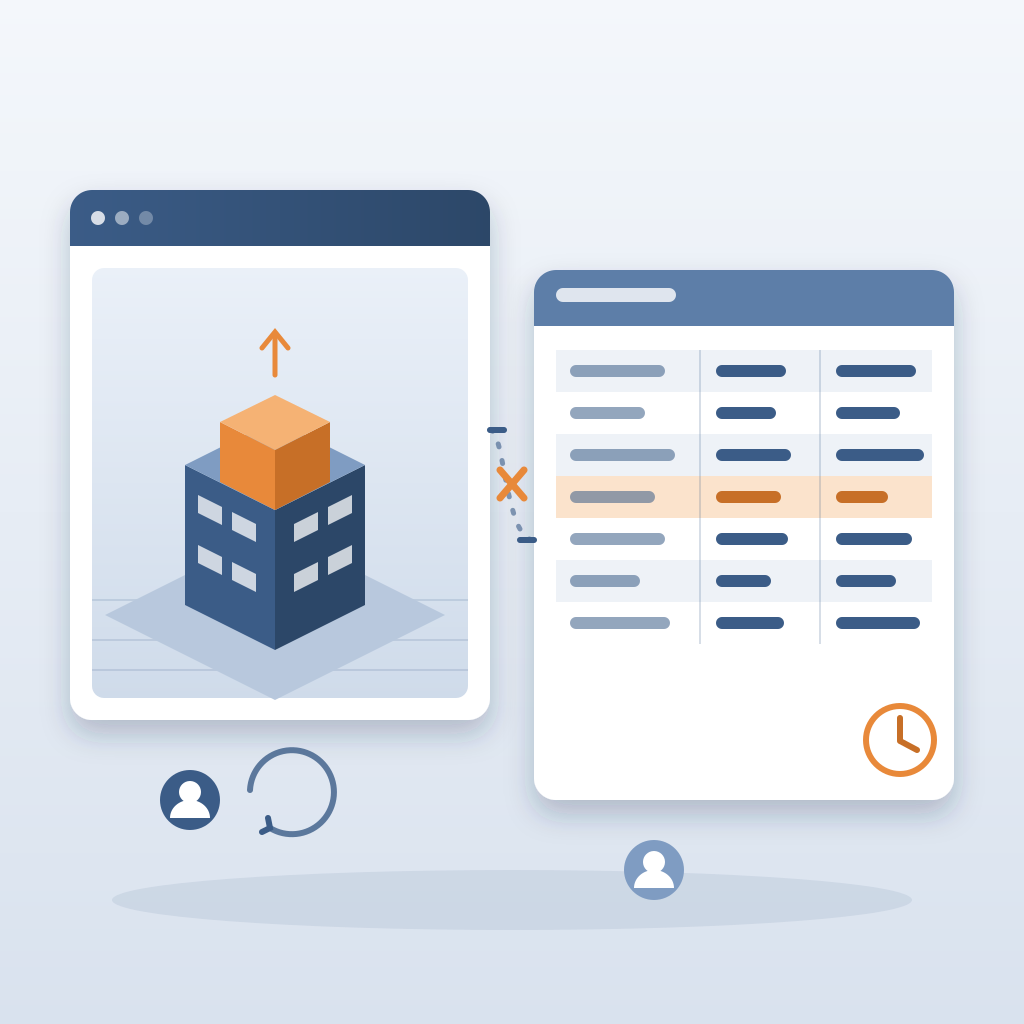 A 3D building model with a new orange floor added sits beside a spreadsheet with stale orange-flagged rows, joined by a broken dashed link and separate owners.