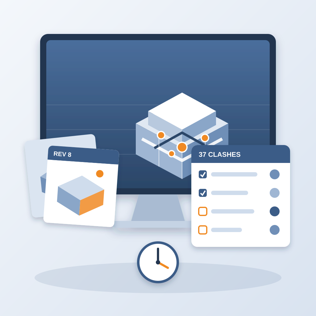 A monitor showing an isometric building model with orange clash markers, flanked by two stacked model revision sheets and a clash checklist with assignees, with