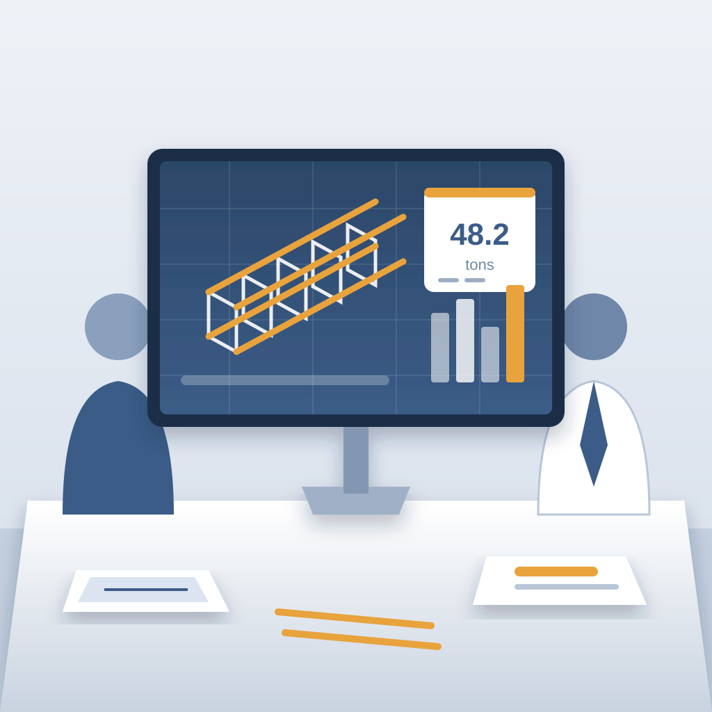 A large monitor shows a 3D rebar cage model with a highlighted bar of tonnage and a bar chart, while two people sit on either side of a table discussing the est