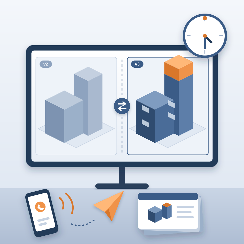 A monitor compares two isometric building models, v2 and v3, with one orange block added, beside a clock at 4:30, a ringing phone and a paper plane sending a re