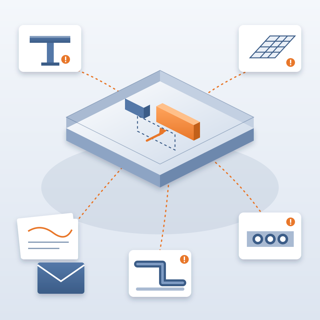 Isometric floor plan where one wall is shifted in orange, with dashed lines cascading to cards for structure, ceilings, sleeves and duct routes, beside a pile o