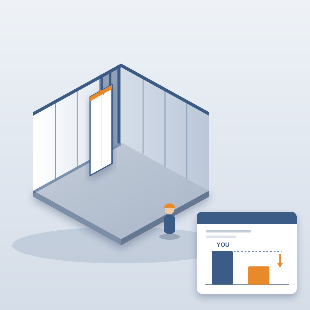A prefab wall panel being slid into a half-built interior wall beside a bid sheet whose bar chart shows a competitor's lower labour cost than yours.