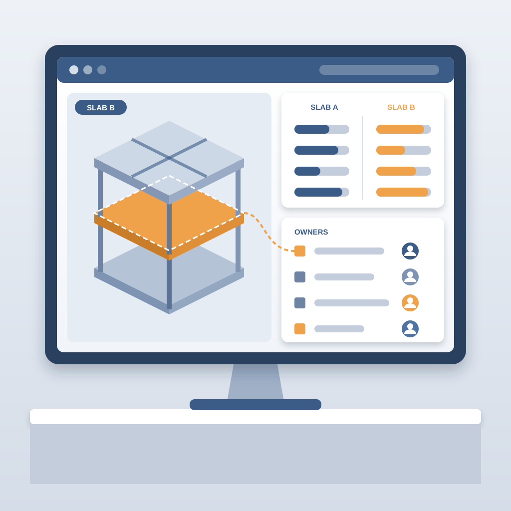 A large monitor shows an isometric building model with one slab highlighted in orange beside a slab A versus slab B comparison and a list of affected elements w