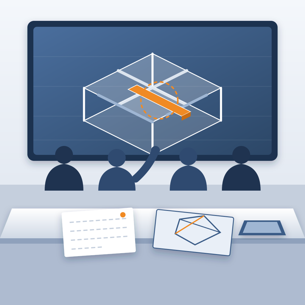 A meeting room where people stare at a 3D building model on a wall screen, with one orange duct clashing with beams while the change log sheet on the table sits