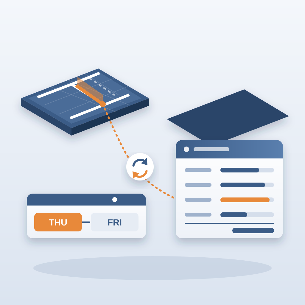 An architect's isometric floor plan with one moved wall highlighted in orange, linked by a sync arrow to a cost sheet whose bar updates, beside a Thursday-to-Fr