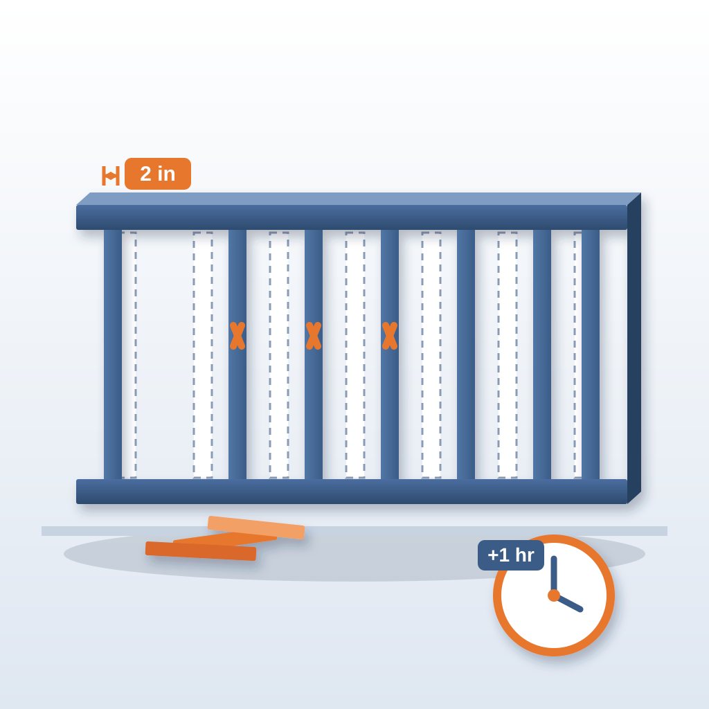 A framed wall with blue studs shifted two inches from dashed ghost positions, orange tear-out marks, discarded offcuts and a clock showing an extra hour of rewo