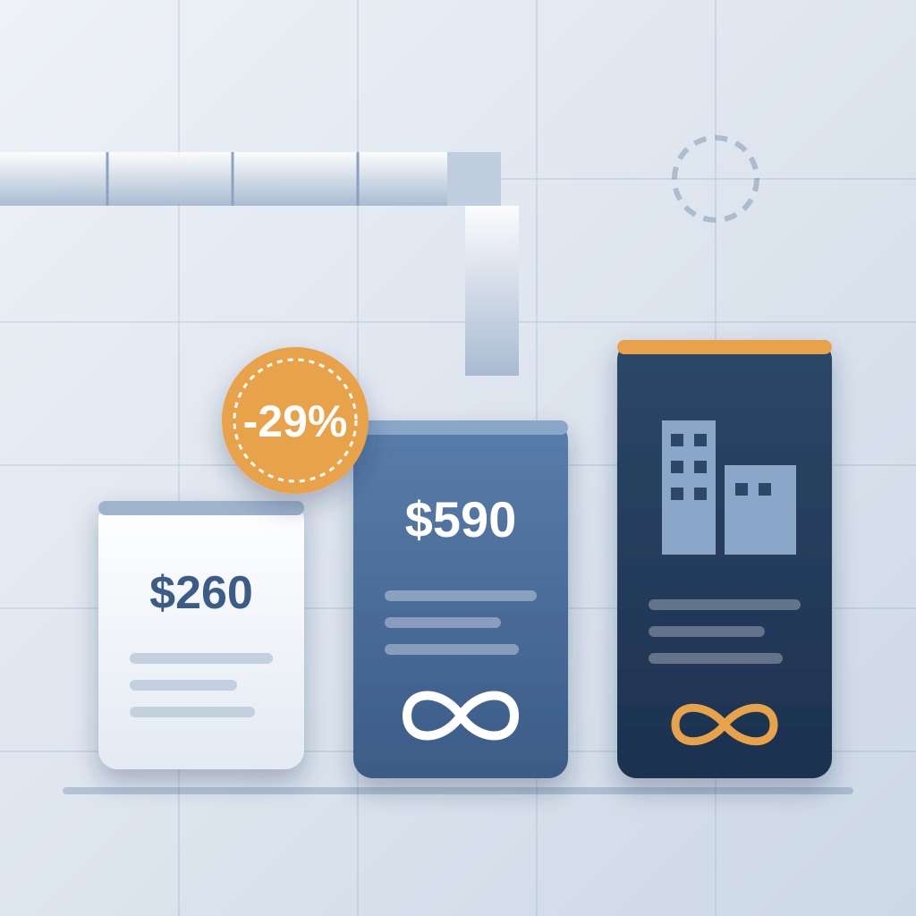 Three license cards of rising height priced $260, $590 and custom Enterprise, each with an infinity mark for unlimited projects, plus a -29% discount badge over