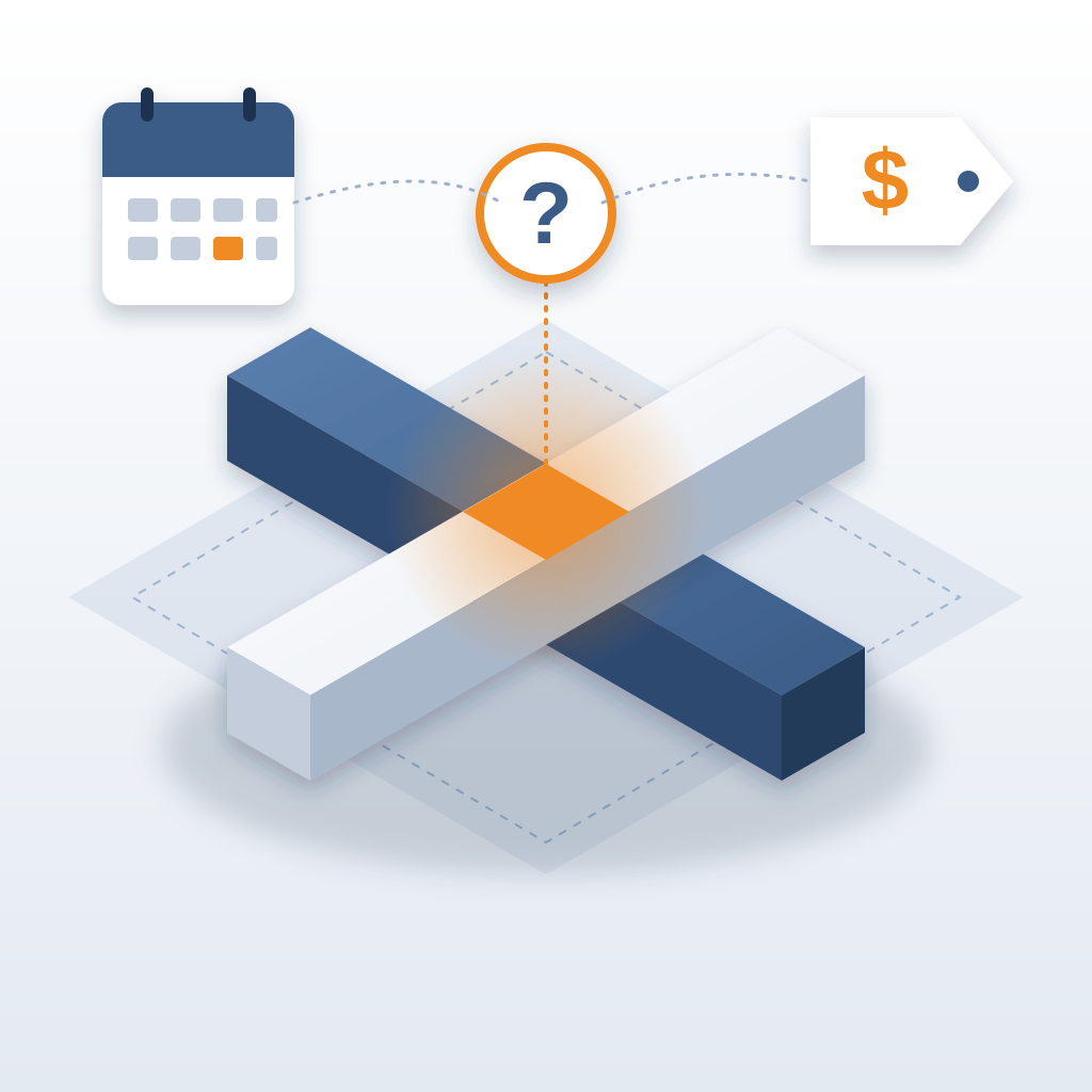 Two crossing isometric beams, one blue and one white, overlap in a glowing orange square topped by a question mark, linked to a calendar page and a dollar tag.
