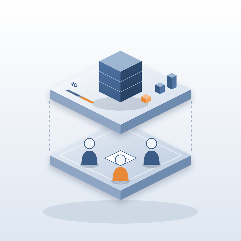Isometric illustration of two stacked platforms: a top software platform with a 3D building model, schedule and cost bars, and a lower layer with three team mem
