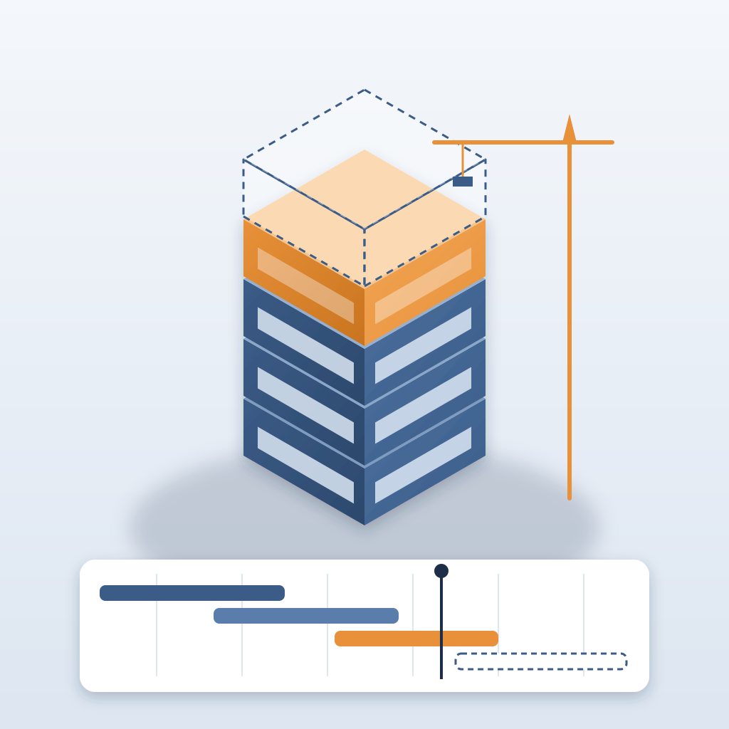 Isometric building model with lower floors built in blue, the current floor in orange and the top floor as a dashed outline, above a Gantt-style construction ti