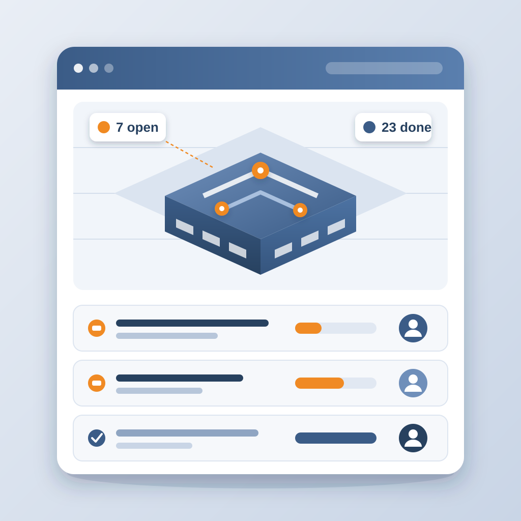 A coordination status card showing an isometric building model with orange clash markers above three issue rows, each with a progress bar and an assigned owner 