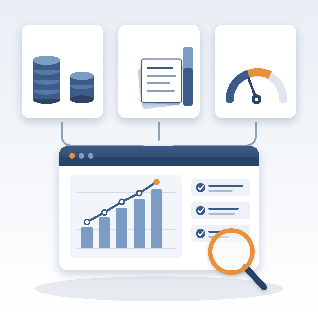 Three pillars — coin stacks, contract sheets and a risk gauge — feed into a live model record with a chart, checked audit rows and a magnifying glass.