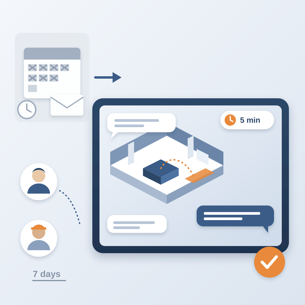 A calendar with crossed-out days and an unanswered envelope on the left, and on the right a tablet showing an isometric lobby model with chat bubbles between a