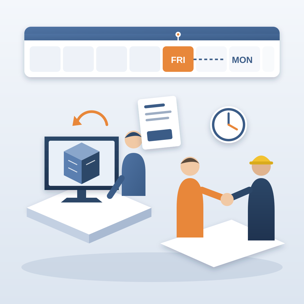 A Friday deadline on a calendar, an estimator stuck refreshing a building model on screen, a late bid document and clock, while a rival shakes hands with the ge