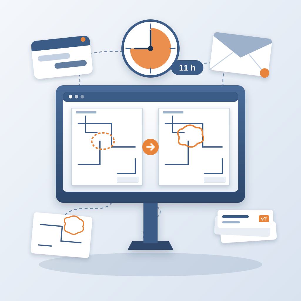 A coordinator's monitor showing two nearly identical drawing sheets with orange differences circled, surrounded by a clock with an 11-hour wedge, chat, email an